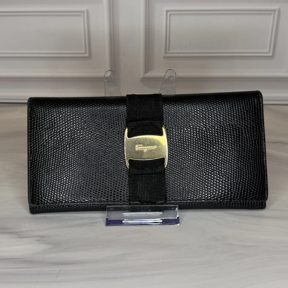 Salvatore Ferragamo Black Embossed Leather Long Wallet Gancini Gold Hardware